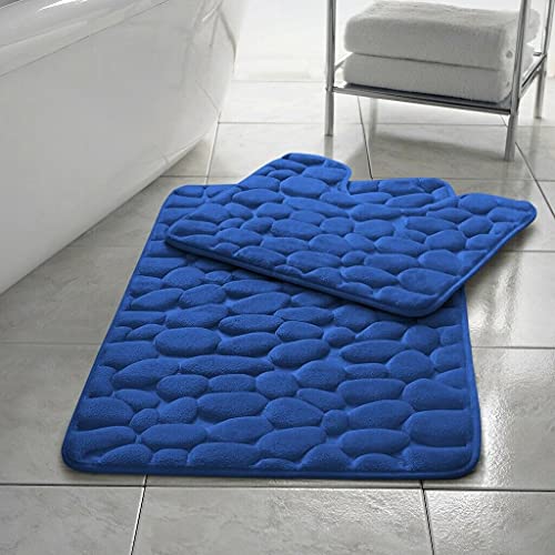 EXQUIZIT HOME® Luxury Memory Foam Bath Mat Set 2 Piece – Non Slip Pebble Bathroom Rug & Pedestal Mat, Quick Dry Ultra Absorbent Soft Cushioned Mats 100% Polyester (Royal Blue)