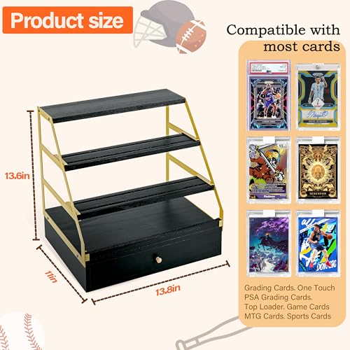 Poyilooo Trading Card Display, 3-Tier Baseball Card Storage with Drawer, Wood Graded Card Display, Sports Card Display Case for Card Game Collection-Trading Card Holder Christmas Gifts (Blackgold) by Poyilooo - Image 5