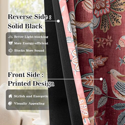 Image of MYSKY HOME Floral Boho Blackout Curtains & Drapes 95 inch Curtains 2 Panels Set for Living Room Bedroom Vintage Farmhouse Curtains Heat Block Sound Reduce Drapes with Patterned Bird Design, 52 inch Wide
