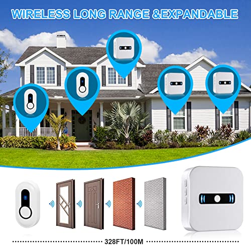 Wireless Doorbell, Huwoo Battery Operated Door Bell Chime 1000+Ft With 2 Portable Battery Powerd Receiver 1 Waterproof Push Button #TOP6