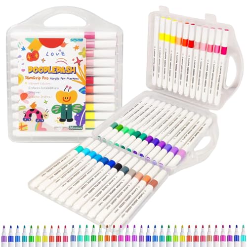 DK trades Professional Acrylic Paint Markers Set, 36 Vibrant Colours, Brush Tip, Water-Based, Non-Toxic, for Rock Painting, Canvas, Glass, Wood, School Projects, with Portable Storage Case