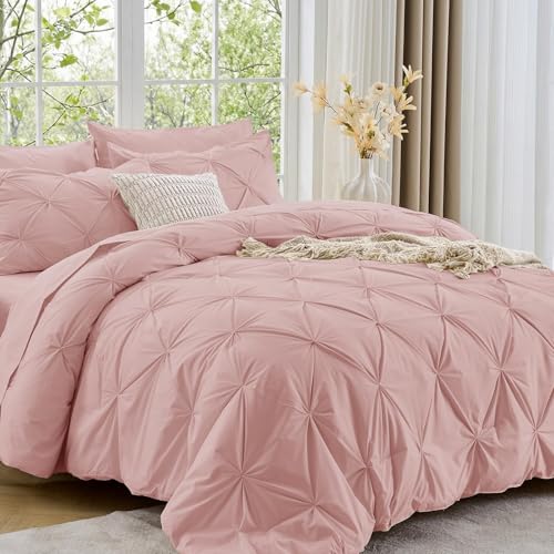 Image of Sasttie King Size Comforter Set, 7-Piece Bed in a Bag, Pintuck Bedding Set for All Season, Includes Comforter, Flat Sheet, Fitted Sheet, Pillowcases and Pillowshams, Rose Gold