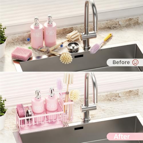 Image of MASADI Pink &Silver Kitchen Dish Soap Dispenser Set with Sponge Holder, 12OZ Glass Bottle, Hand and Dish Soap Dispenser Set, Non-Slip Silicone Pad, Brush Holder, Kitchen Sink Organizer Countertop
