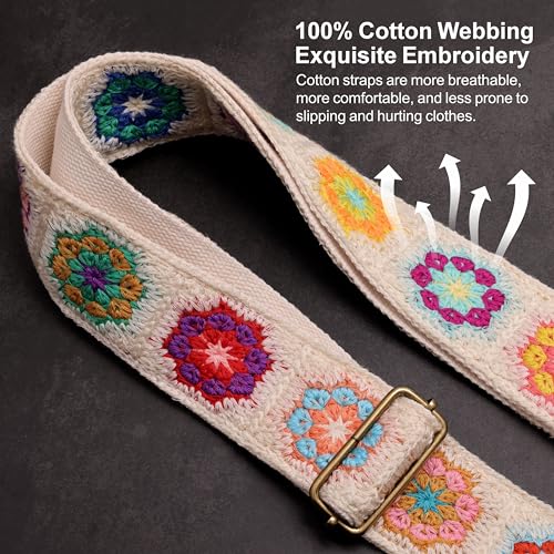 Image of Nefelibata Guitar Strap,Crazy Horse Leather Jacquard Embroidery Cotton Guitar Straps for Bass, Electric & Acoustic, Best Gifts for Guitarists(Retro White Multi Flower)