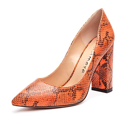 Image of Castamere Women's Block Heels Pointed Toe Slip-On Court Shoes 4IN Heeled Snake Orange Pumps UK 7
