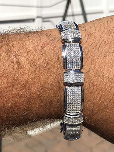 Solid 925 Sterling Silver Men's Custom Link Bracelet - Iced Flooded Out Micropave Cz - Super Icy Unique Handmade Mens Hip Hop Bracelet 8.5" #TOP1