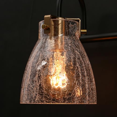 Image of KSANA Bathroom Light Fixtures, 3 Light Black and Gold Vanity Lights for Bathroom with Clear Cracked Glass Shade, 22.4'' Modern Brass Bathroom Lights Over Mirror