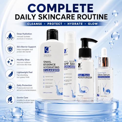 Image of Snail Mucin Skincare Kit - Face Cleanser, Snail Mucin Glow Serum, Moisturizer & SPF 50+ Sunscreen | Korean Skin Care Routine Kit for Glowing Skin | Daily Hydrating Skin Care Set for Men & Women