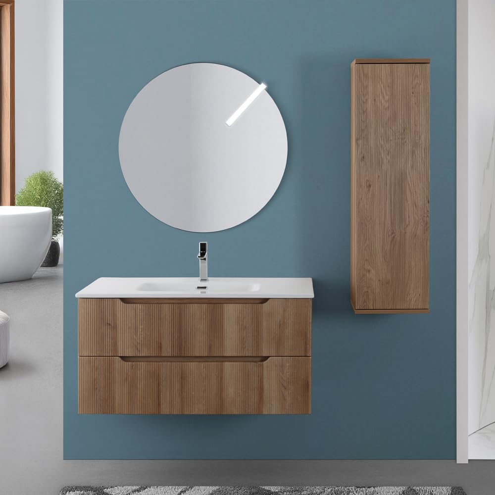 Mobile Bagno Sospeso Cannettato Da 100 Cm In Legno Nobilitato Rovere Linea Wise Con 2 Cassettoni Soft-Close A Gola, Completo Di Specchio Tondo E Lavabo In Ceramica