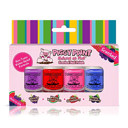 Piggy Paint 100% Non-Toxic Girls Nail Polish - Safe, Chemical Free Low Odor for Kids, Scented 4 Polish Set - Stocking Stuffer for Kids