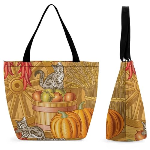Sac shopping chat citrouille grand format 28.5x18x32.5cm pour voyage