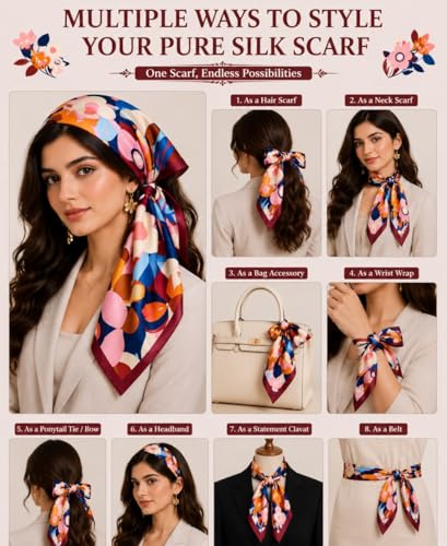 Image of Silk Like Head Scarf for Women Stylish Bandanas for Women Vintage Hair Scarf Wrap and Sleeping, Boho Floral Print Square Bandana Gift