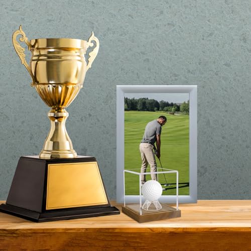 Image of Clear Acrylic Golf Ball Display Case with Wood Base & Acrylic Holder, Memorabilia Stand Cube Holder, Dust Protection Transparent Storage Box for Single Ball Souvenir Golfball Collections