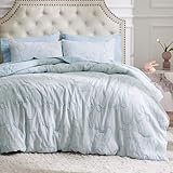 Bedsure Queen Comforter Set, Dusty Blue Boho Tufted Bed Set, 3D Puffy Jacquard Bedding Queen Size, 3 Pieces, 1 Farmhouse Shabby Chic Embroidery Comforter with Bow Pattern & 2 Pillow Cases