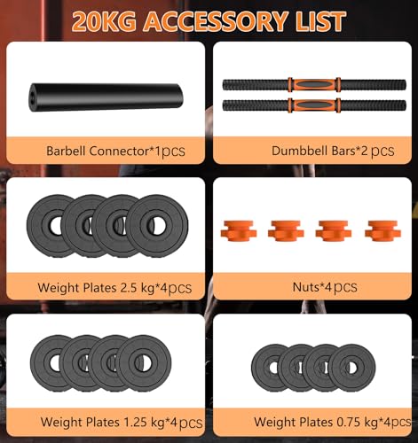 Kurzhanteln Verstellbar 20 KG Hanteln Set 2 in 1 mit Lang und Kurz Verbindungsstange Dumbbell Muskeltraining für Männer und Frauen Aerobes Krafttraining Fitnessgeräte-Gruppe – Bild 3