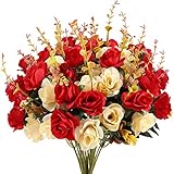 Artificial Flowers Fake Rose 4 Bunches 48 Heads Silk Bouquet with Plastic Stems for Wedding Home Bed