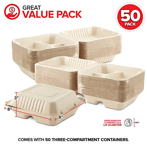 Clamshell Take Out Food Containers 8 X 8 (50 Pack) 3-Compartment, Disposable To Go Container, Togo Boxes With Lids, Trays For Lunch, Dinner, Meal-Prep, Eco Friendly, Compostable, Biodegradable #TOP1
