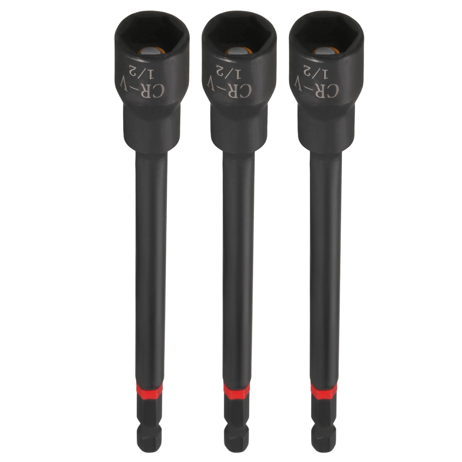 sourcing map 3pcs Nut Driver Drill Bit 1/2 Inch Socket 1/4" Hex Shank 6" (150mm) Long Magnetic 6-Point Sockets Quick Change Phosphated CR-V Steel Bolt Setters for Power Drill Drivers, Black — image 1