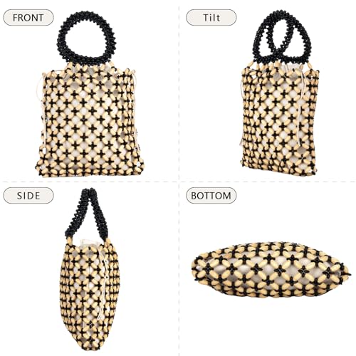 Image of YYW Unique Handmade Wooden Bead Tote Bag for Women, Small Handwoven Clutch Purses Woven Bucket Handbag and Drawstring Handbag