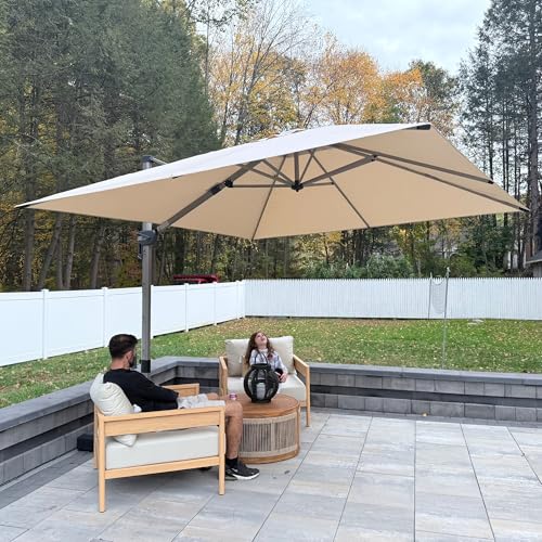 PURPLE LEAF Sonnenschirm 300 x 300 cm Alu Ampelschirm Groß 360° Drehung Gartenschirm mit Kurbel Neigbar UV-beständig 50+ Waterdicht Quadratisch Marktschirm für Garten Cafés, Beige