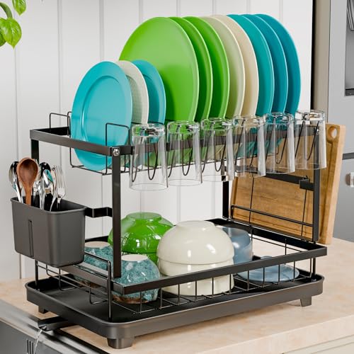 Image of TEX-RO 2 Tier Dish Drying Rack for Kitchen with Drainer Tray | Utensils Drying Rack with Cutlery Holder | Glass Holder & Cutting Board Holder | Anti-Rust Steel Dish Rack Kitchen Organizer (Black)