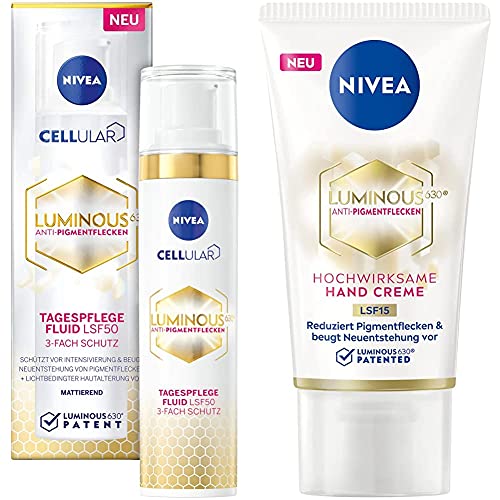 NIVEA Cellular LUMINOUS 630 Anti-Pigmentflecken Tagespflege Fluid (40 ml), feuchtigkeitsspendendes Anti-Pigmentflecken Fluid mit LSF 50 + Luminous Anti-PigmentfleckenHand Creme 50ml