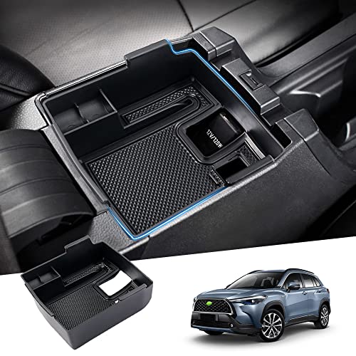 Karltys Compatible with Center Console Organizer Toyota Corolla 2019-2026/ Corolla Cross 2022-2026 Accessories Middle Console Tray Car Armrest Storage Box Container with Non-Slip Silicone Mats