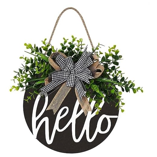 Hello Home Sign for Front Door, Farmhouse Front Porch Hello Door Sign Decorations Wood Wreaths for Holiday Halloween Christmas, Hanging Door Decor Spring Summer Fall Winter Indoor Outdoor