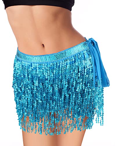 2 Pieces Sequin Tassel Skirt Belly Dance Hip Scarf Performance Outfit Sequins Skirt Belts Body Accessories For Women Girls (Silver&Lake Blue) #TOP6