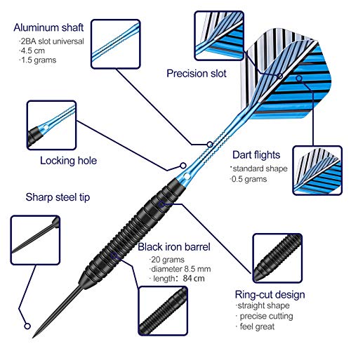 Steel Tip Darts Set for Dartboard, Professional Darts with Metal Tip 22 Grams Blue Aluminium Nylon Shafts 9 Flights 50 Rubber O-Rings 12 Spring Rings 1 Dart Sharpener Tool