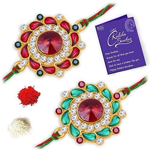 Image of Sukkhi Rakhi for Brother Stylish Kundan Combo & Designer Gold Plated with Roli Chawal & Greeting Card Set of 2