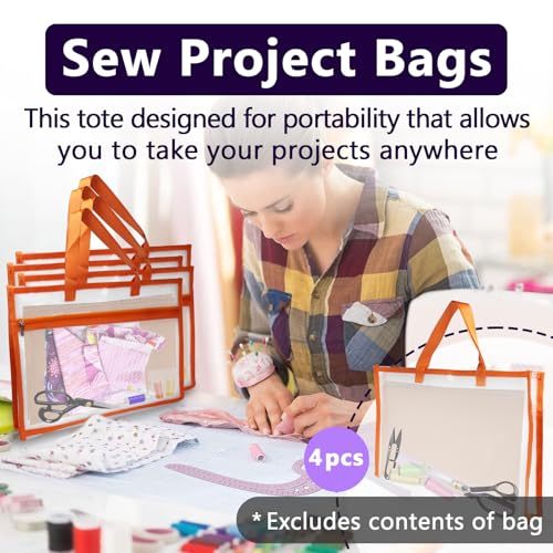 Image of 4 Pcs Portable Project Bags for Quilting Knitting, Stitching and Embroidery Projects Storage, Sew Project Bag with Zipper and Double Pockets, Transparent Mesh Sewing Project Bag for Crafter