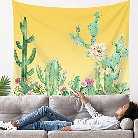 LANG XUAN Yellow Cactus Tapestry Flower Wall Tapestry Plant Art Wall Tapestry Cute Decor Wall Hanging for Room (Yellow Cactus, 150X200CM L:59X79inch) Cover