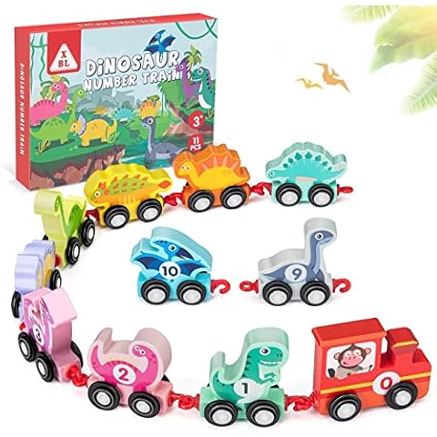 Wooden Colorful Dinosaur Number Train Toys Matching Sequencing Games Recognition Educational Learning Counting Set Building Blocks Kit (Dinosaur) Cover