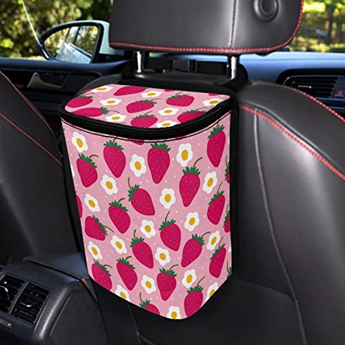 Image of Talayituse Strawberry Flower Print Car Trash Bin, Laege Size Auto Trash Can Adjustable Portable Garbage Can with Lid, Vehicle Hanging Bag for Headrest Front Back Seat, Pink