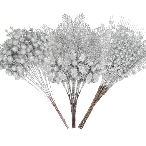 Alupssuc 24 Pcs 3 Styles Glitter Christmas Tree Picks and Holly Berry Stems Christmas Decorations Set, Poinsettia Flowers Artificial for Xmas Tree Ornaments or Party Wreath Fireplace, Silver
