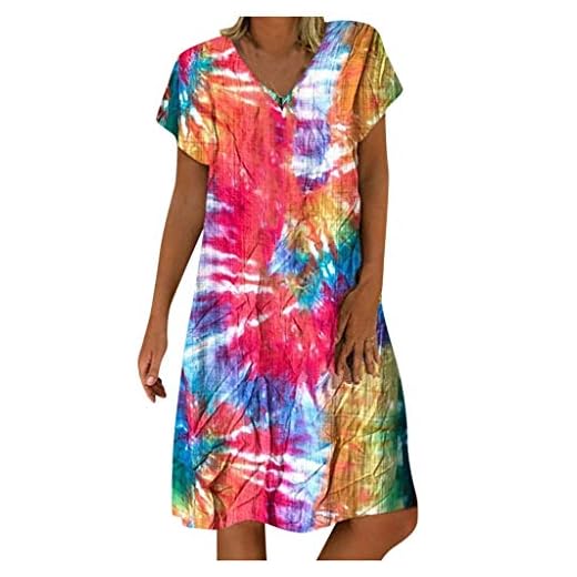 jieGorge Dress Party Women, Fashion Women Plus Size Colorful Print Short Sleeves V-Neck Casual Short Dress, Dresses Women Elegant (Red 5XL)