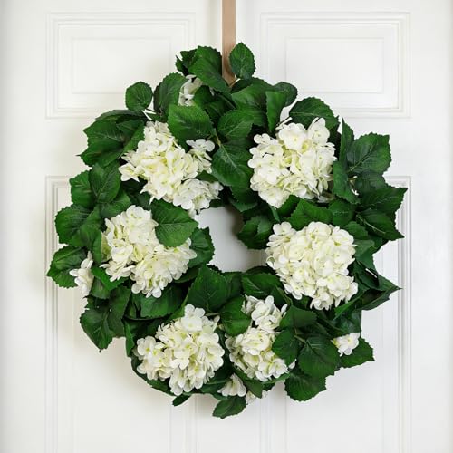 22 White Hydrangea Wreath for Front Door Decor All-Season Faux Greenery Wreath for Spring Easter Wedding & Farmhouse Style Home Dcor
