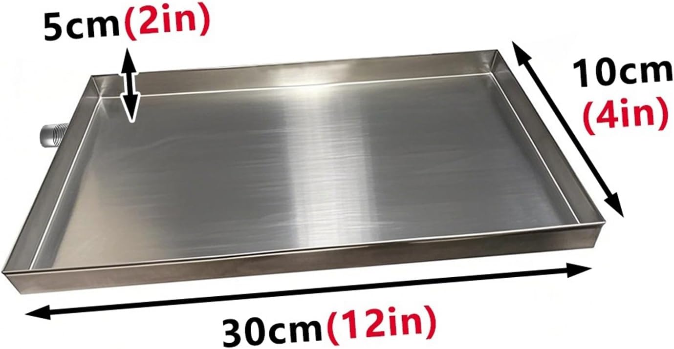 Heavy Duty 304 Stainless Steel HVAC Drain Pan with Drain Hose, 30x10cm (12x4in), Prevents AC Unit Leaks, Ideal for Garages & Laundry Areas