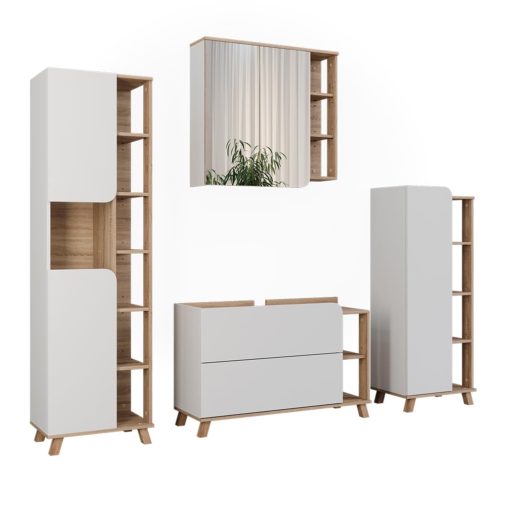 Vicco Conjunto de Muebles de baño Karen, Sonoma/Blanco, 100 cm | compuesto por mueble bajo lavabo, espejo, columna alta y columna media