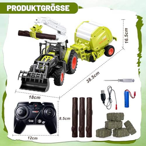 PENGBU RC Ferngesteuerter Traktor Ferngesteuert mit Anhänger, 2.4 GHz Traktor Spielzeug mit Ballenwagen und Holztransporter… – Ansicht 6