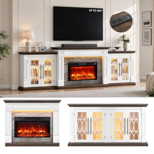 LGHM 104' LED Fireplace TV Stand with Outlet, 3 in 1 Electric Fireplace with Mantel, Entertainment Center with Storage,