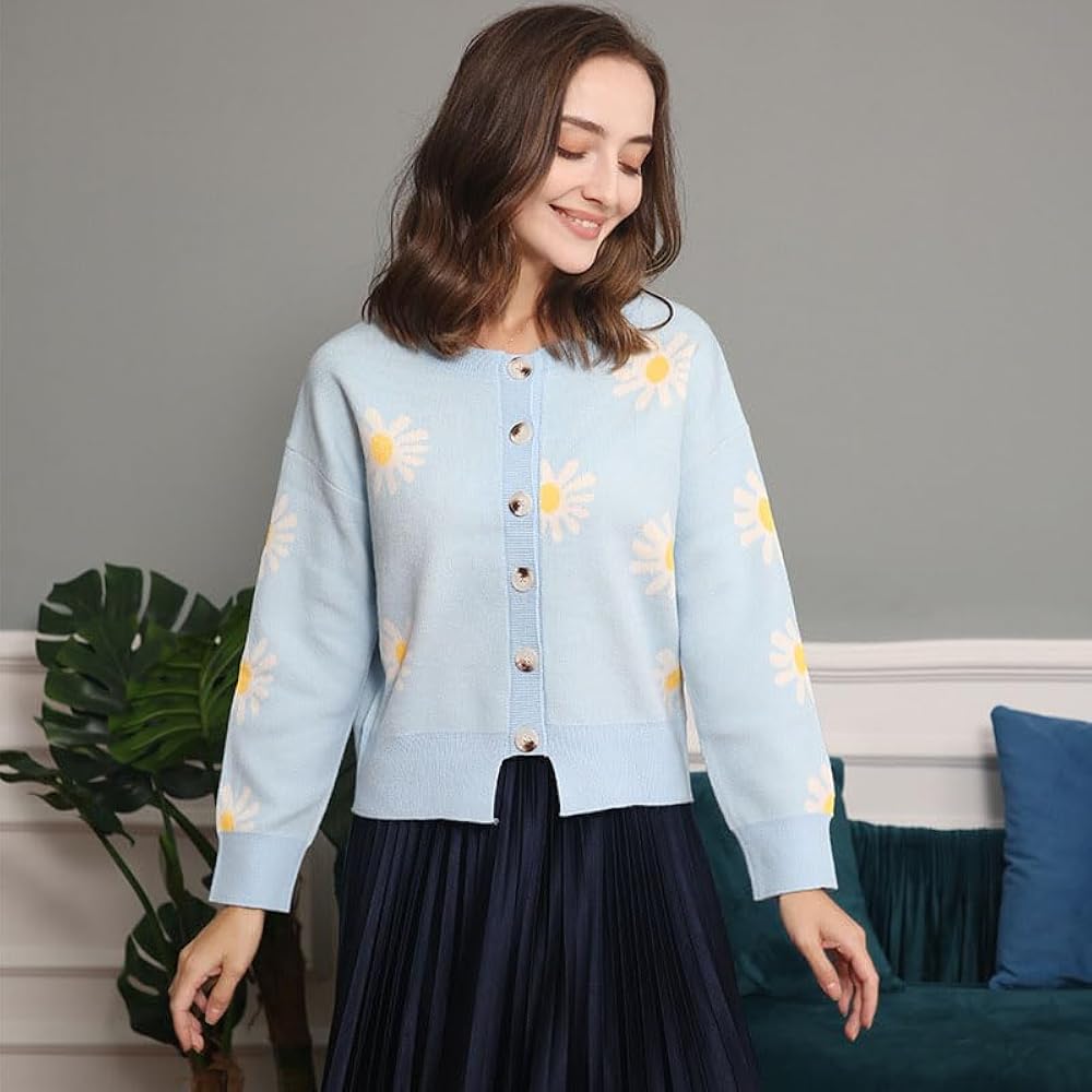 Women's Cute Daisy Flower Knit Cardigan Retro Aesthetics 90s