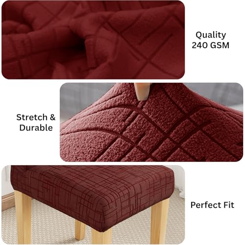Image of Lukzer Elastic Dining Chair Cover - 4PC Pastel Deep Maroon Tangled Lines | Textured High Stretch Jacquard Seat Cover | Removable Washable Short Dining Chair Cover Protector Seat Slipcover | CC-123-04