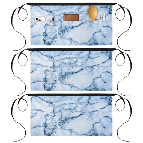 Lot de 3 demi-tabliers de chef bleu marbre avec 3 poches pour cuisine et bistrot