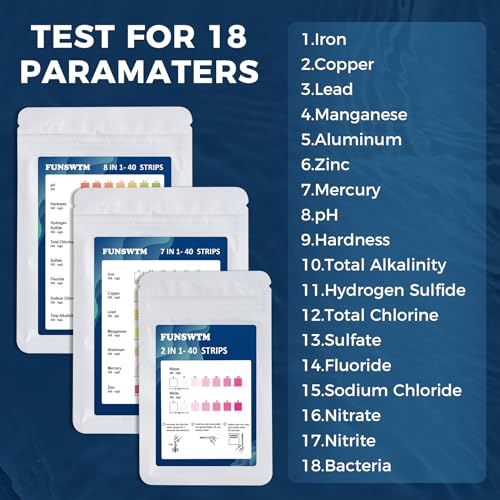 Home Water Testing Kits for Drinking Water: 18 in 1 200 Strips + 5 Bacteria Tests Kit- Well Tap Home Water Test Strips for Lead Bacteria Fluoride Hardness Iron pH and More