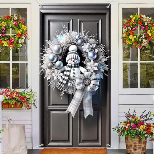BlissYard Silver Snowman Christmas Door Cover Banner 35x71 Inch Winter Wreath Wall Hanging with Plaid Scarf Glitter Ornaments and Bow for Front Porch Indoor Outdoor Holiday Decoration Party Backdrop by BlissYard - Used condition - Image 4