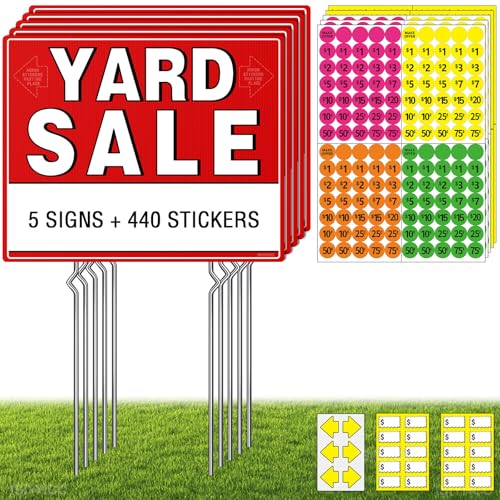 5-Pack Yard Sale Signs with Metal Stakes & 440 Price Stickers - Large 17x13 Double Sided Garage Sale Sign Kit Complete Supplies with Weatherproof Directional Arrows