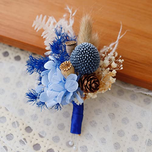 Handmade Bohemian Style Boutonniere With Natural Dried Flowers For Weddings And Special Occasions | Perfect Rustic Decor For Grooms, Fathers, And Groomsmen (Royal Blue) #TOP3