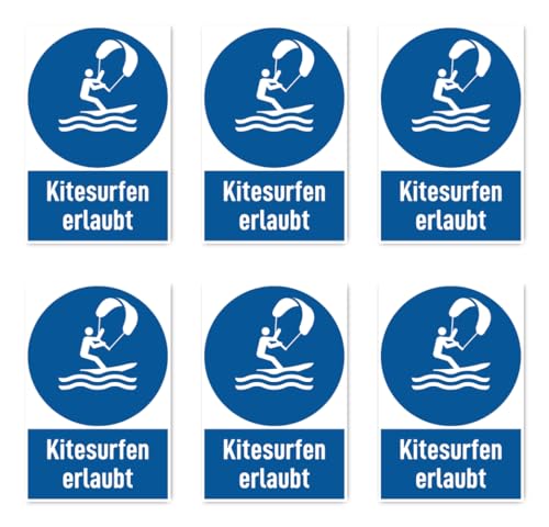 Pegatinas: 75 x 50 mm, 6 unidades – Kitesurf permitido – Signo de oferta con texto (en alemán) (azul/blanco) – Alto – DIN EN ISO 7010 / ASR A1.3